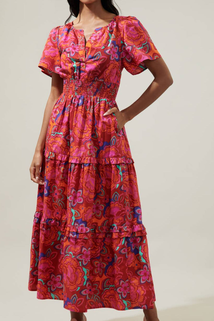 double petal satin maxi dress Larissa Satin Maxi Dress With Ruched Petals - Frosted Blue