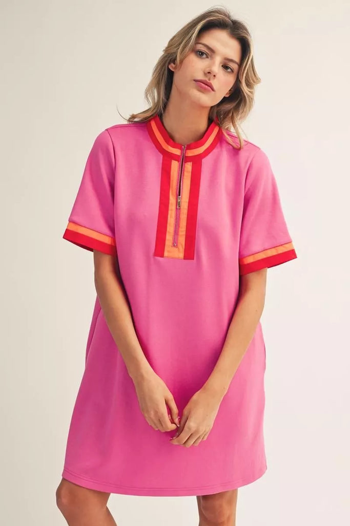 pink zip up dress Entro Pink Sleeveless Zip-Front Mini Dress with Scalloped Hem Large