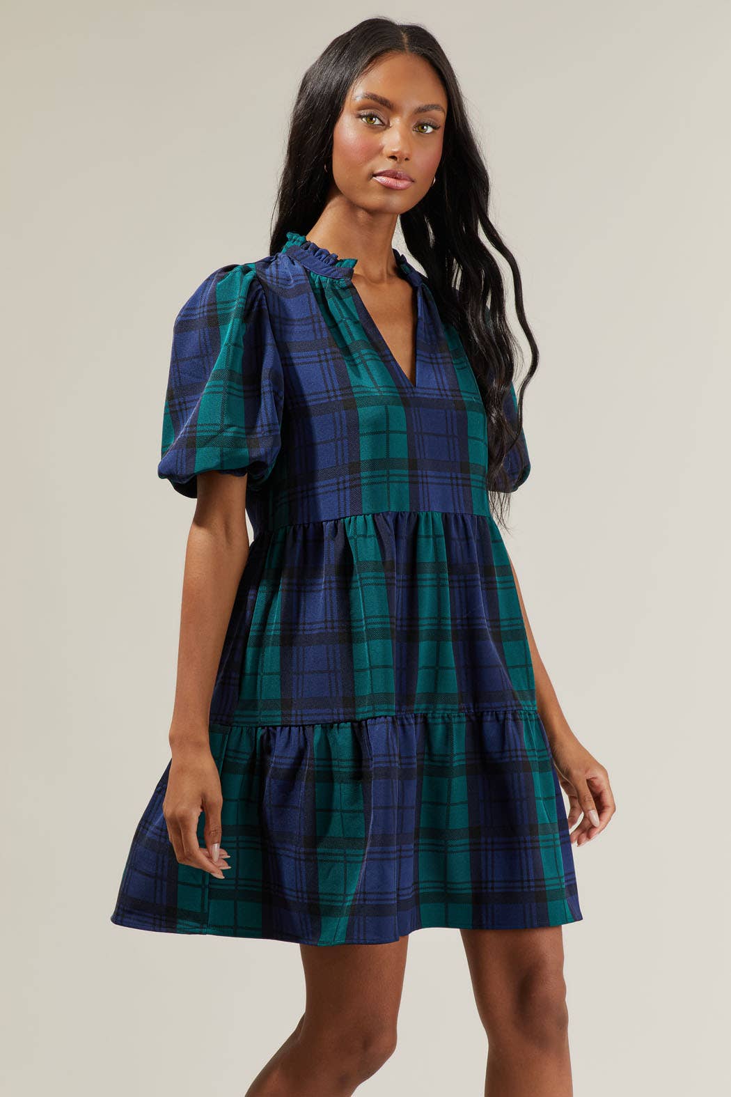 hudson mini dress Hudson Plaid Jacey Babydoll Eyelet Dress Navy/Green Multi / Small / STD13598AP