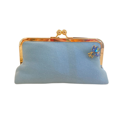 light blue wool handbag blue handbag with gold chain designer fabric brass finishes golden strap butterfly pendant wedding clutch