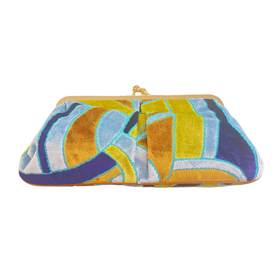 large clutch bag large handnbag blue multicolor designer fabric gold strap 