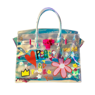 graffiti handbag tote Be clear handbags iridescent pink peace